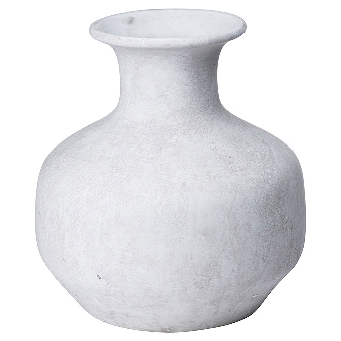 image cut out on white background of squat stone vase with rounded base funnelling up into narrow neck