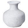 image cut out on white background of squat stone vase with rounded base funnelling up into narrow neck