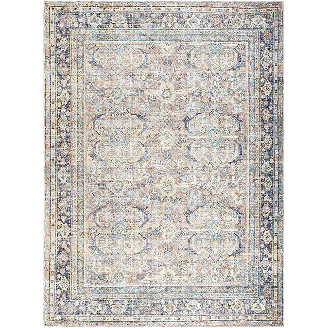 image cut out on white background of vintage rug with floral prints in blue, brown and yellow tones