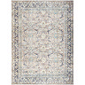 image cut out on white background of vintage rug with floral prints in blue, brown and yellow tones