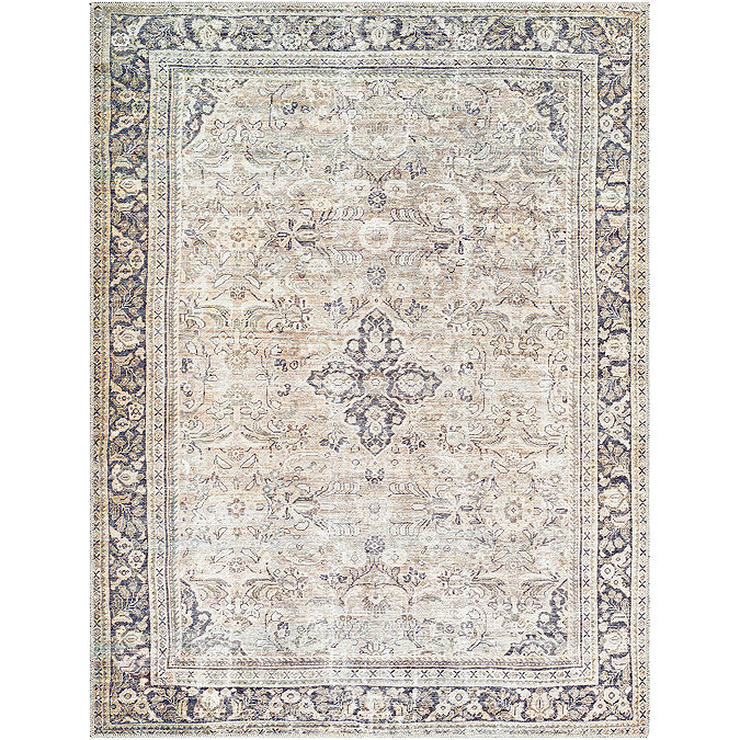image cut out on white background of vintage rug in brown, purple and grey shades