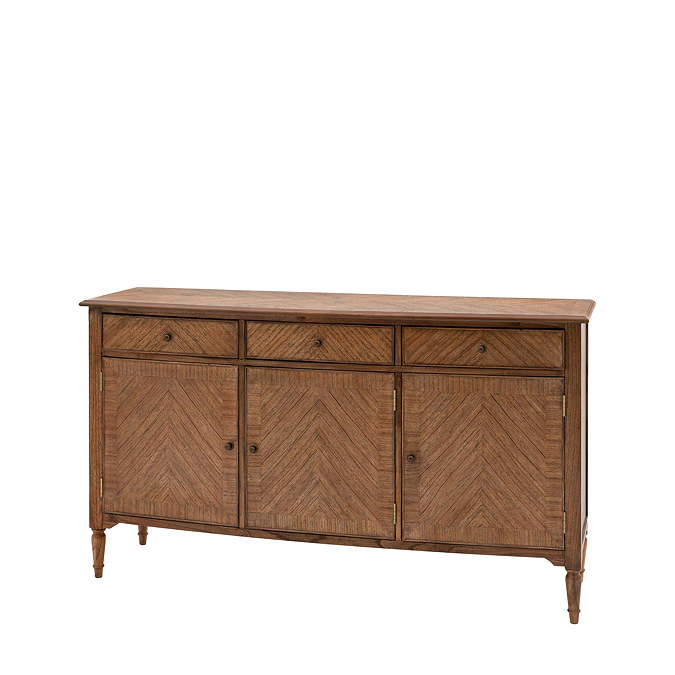 image cut out on white background of 3 door 3 drawer sideboard with mindi wood finish and bronze pull handles