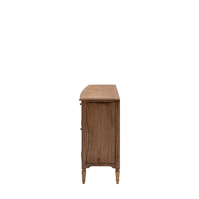 side on image cut out on white background of mindi wood 3 door sideboard