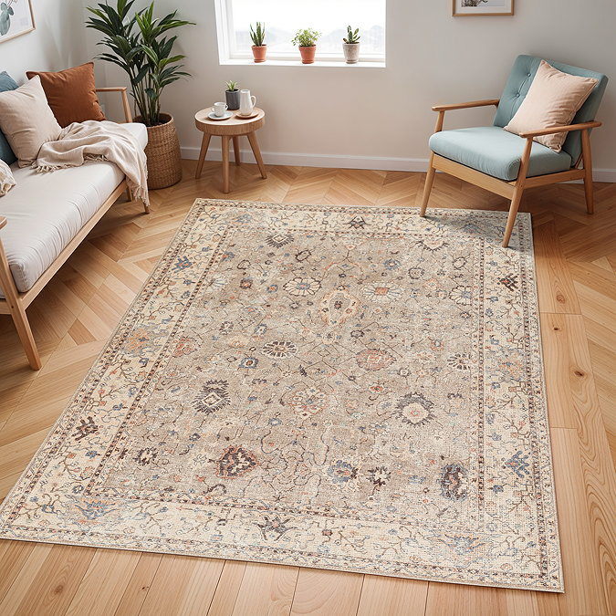 image of brown floral vintage rug on light wood apartment flooring