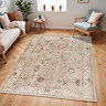 image of brown floral vintage rug on light wood apartment flooring