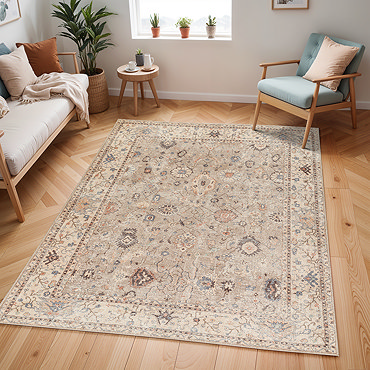close up image of brown vintage floral rug with corner folded over to show material underneath