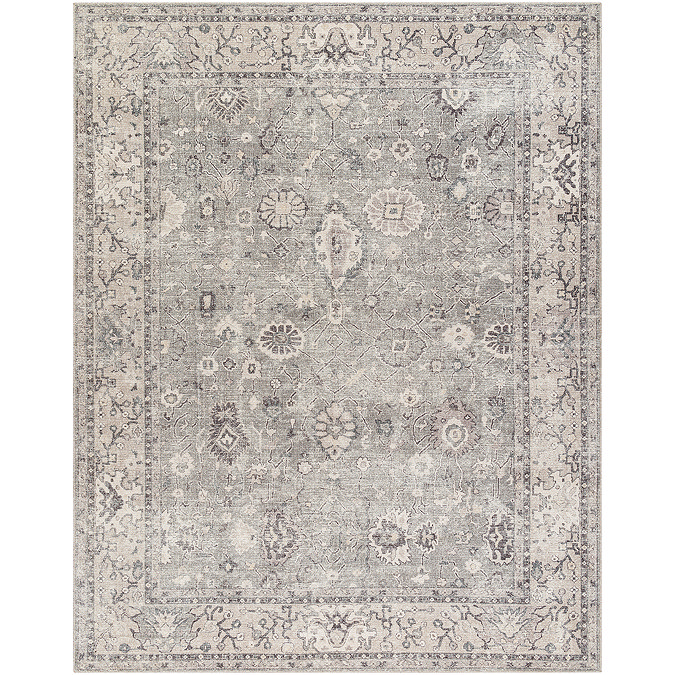 image cut out on white background of floral vintage rug in grey shades