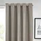 Close up of light grey curtains in eyelet style