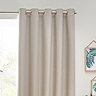 Close up of linen coloured curtains in eyelet style