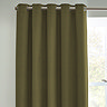Close up of olive green curtains in eyelet style