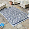 image of geometric black and white rug on a patio next to white rattan lounge set