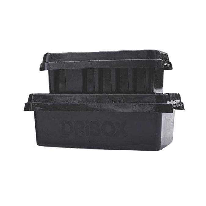 image cut out on white background of two black electrical connection boxes stacked on top of each other, embossed with DRiBOX logo
