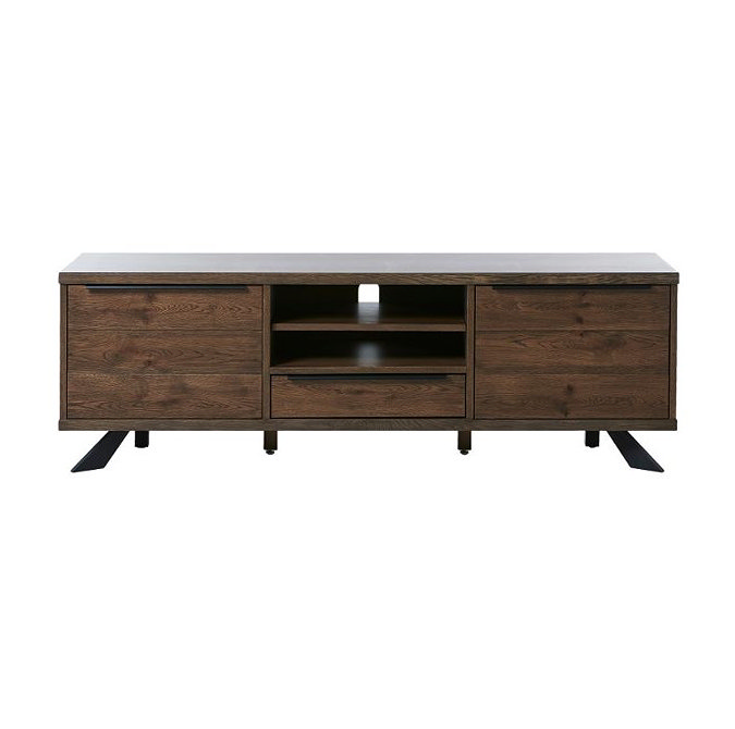 image cut out on white background of dark oak tv unit with a drawer on either side of middle drawer and shelf