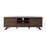 image cut out on white background of dark oak tv unit with a drawer on either side of middle drawer and shelf