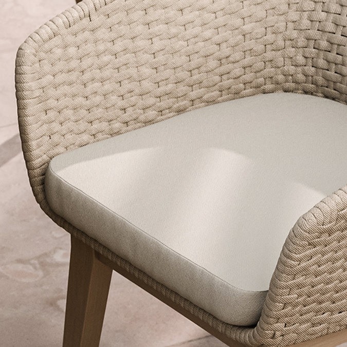 close up image of fabric seat of natural garden dining chairs