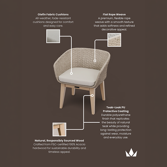 image of natural rope weave garden dining chair with material specification