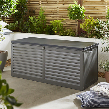 image of large grey storage box with lid open to show storage inside, lid propped open by gas lifts