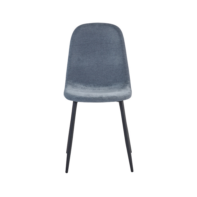 image cut out on white background of denim blue chenille dining chair with black legs