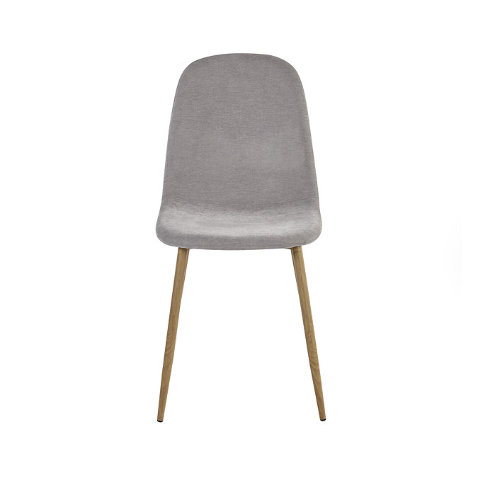 image cut out on white background of grey chenille chair with light wood legs
