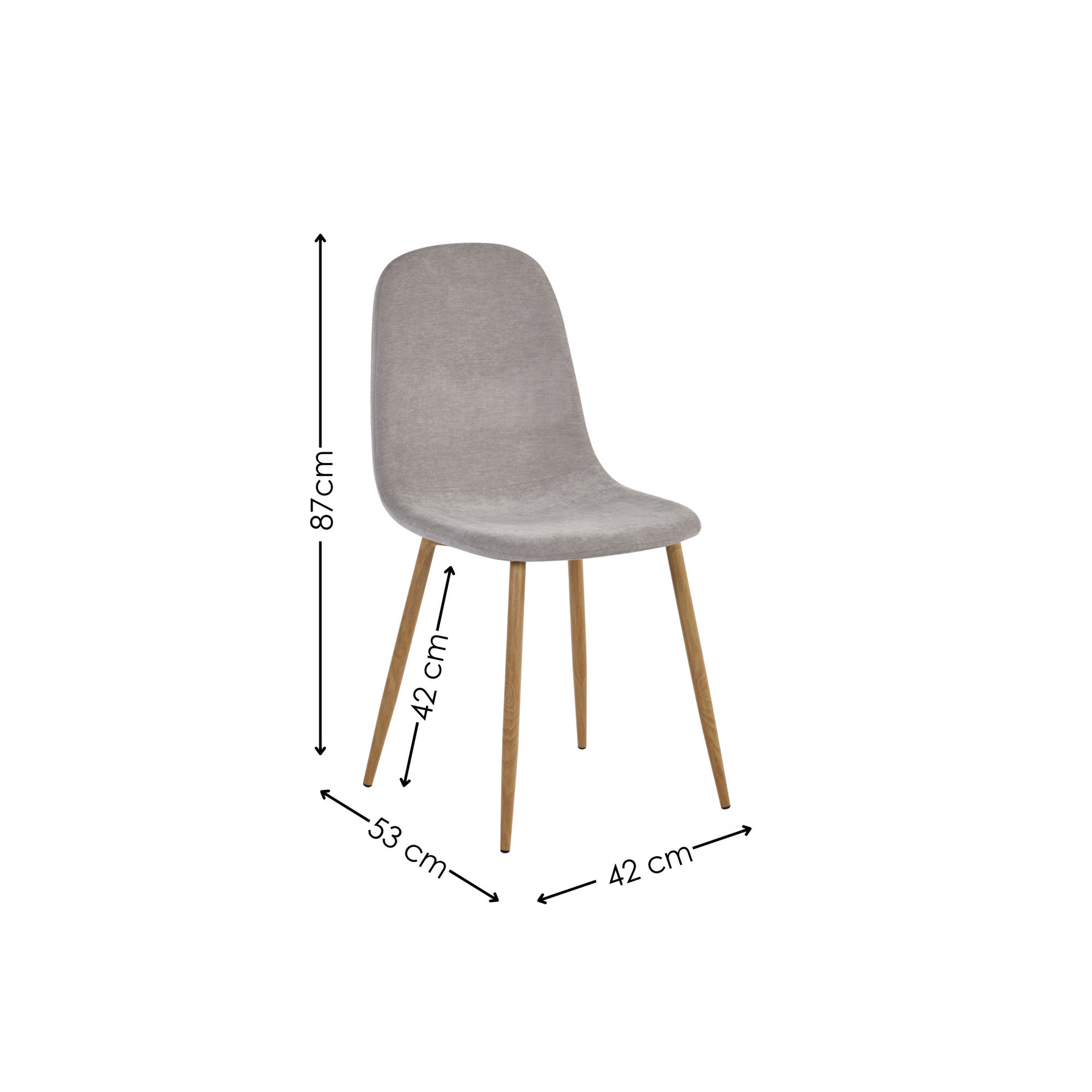 image cut out on white background of grey chenille chair with black arrow line dimensions