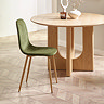 image of singular olive green chenille chair tucked under a light oak table