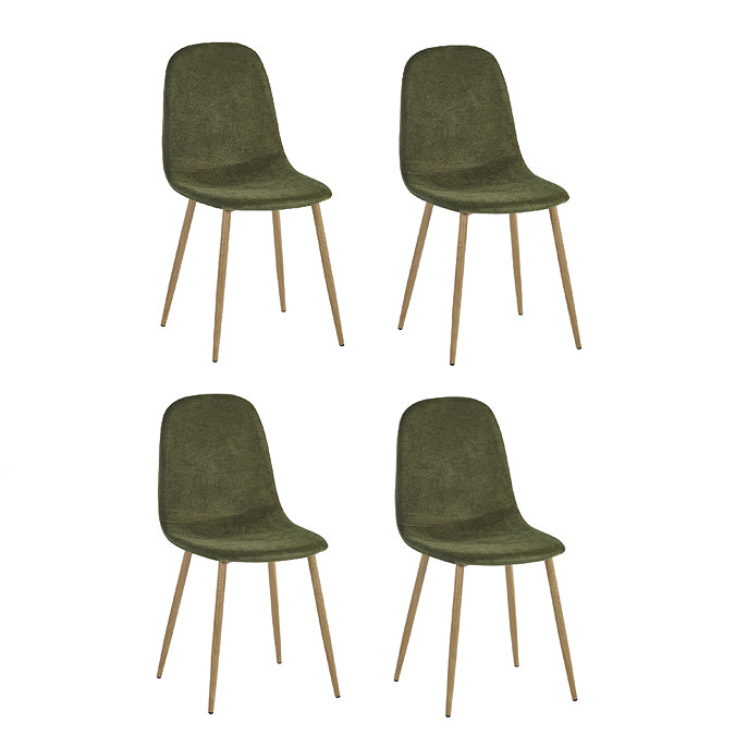image cut out on white background of four olive green chenille chairs