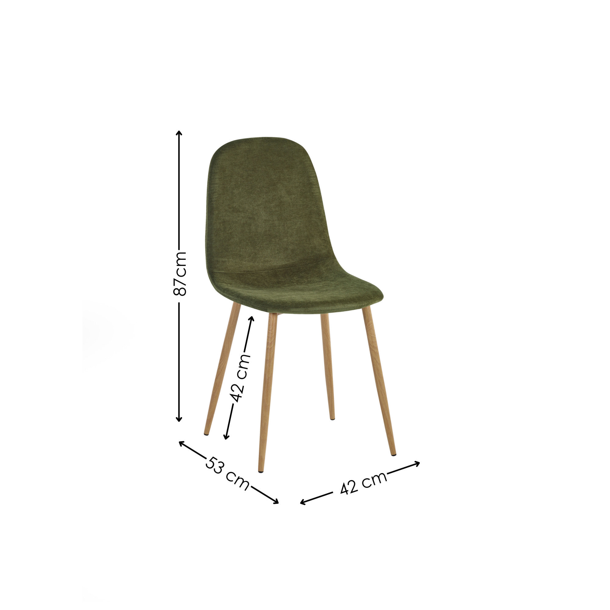 image cut out on white background of olive green dining chair with black arrow line dimensions