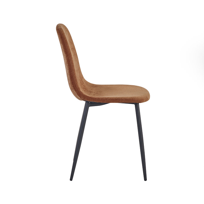 side on image of orange chenille dining chair with dark legs
