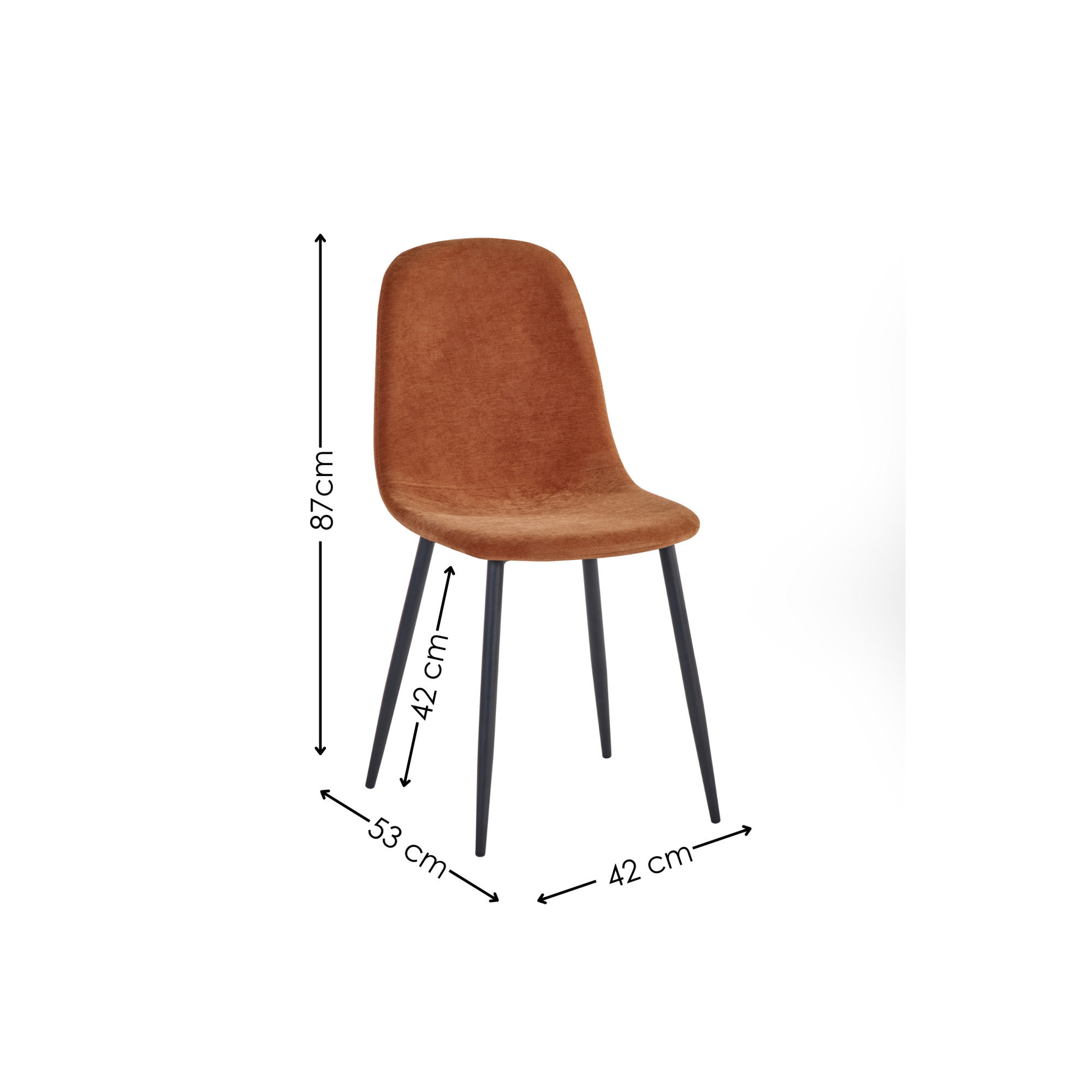 image cut out on white background of orange chenille chair with black arrow line dimensions