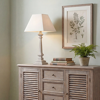 image of washed white wood table lamp with classic linen shade