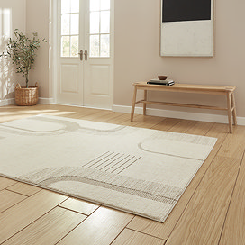 rectangle rug with curved abstract line design, on wooden floor of modern apartment