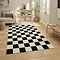 image of black and white checkered rug on light wooden floor