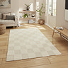 image of cream checkered rug on light wooden flooring of modern loft apartment