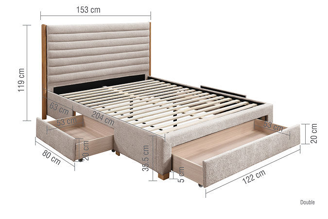 image cut out on white background of velvet grey storage slatted double bed, with black arrow line dimensions to show size