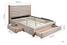 image cut out on white background of velvet grey storage slatted double bed, with black arrow line dimensions to show size