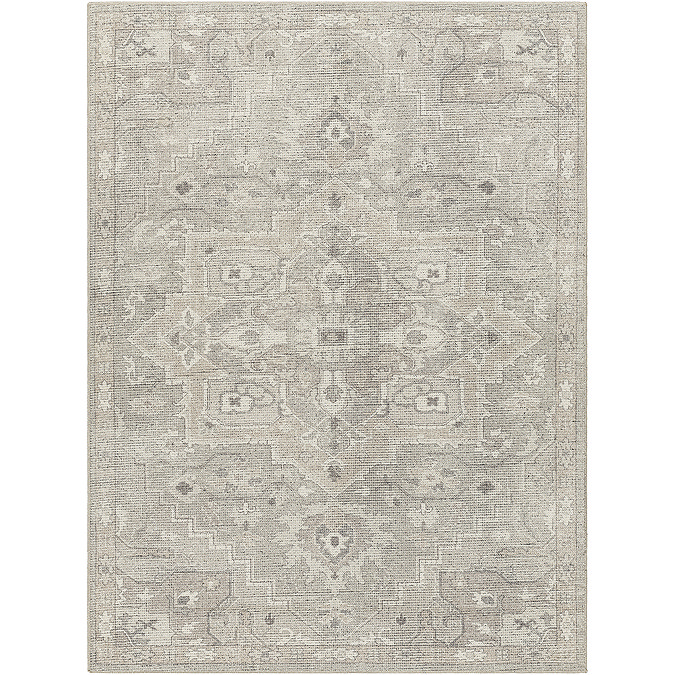 image cut out on white background of dusty sage green rug with vintage pattern