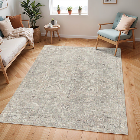 image of dusty sage and grey vintage patterned rug on light wood flooring