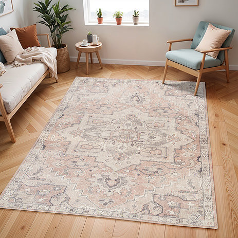 image of tan rug with vintage geometric pattern at centre, on light wood flooring ofmodern apartment