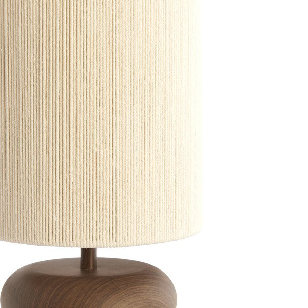 close up image of natural lampshade on brown wood-effect lamp base