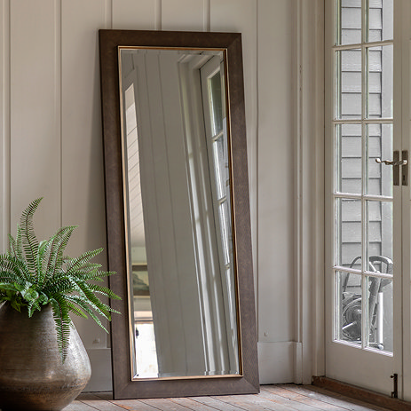 image of bronze leaner mirror against cream wall of home next to potted plant
