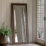 image of bronze leaner mirror against cream wall of home next to potted plant