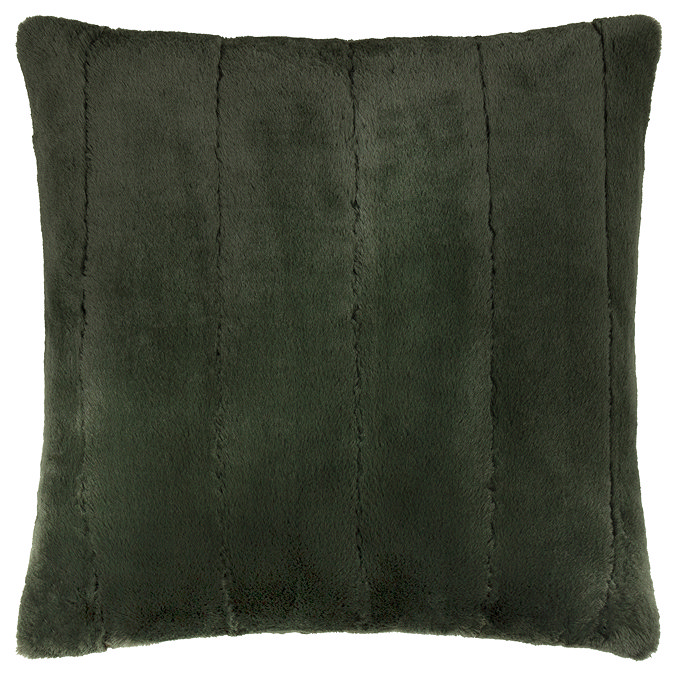 pine green faux fur square cushion cut out on white background