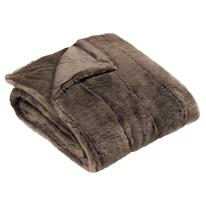 taupe brown faux fur throw folded into a square, cut out image on a white background