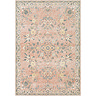 image cut out on white background of soft orange-pink rug with yellow and grey floral patterns