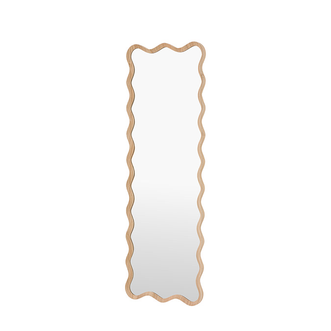 image cut out on white background of wavy light oak tall free standing mirror