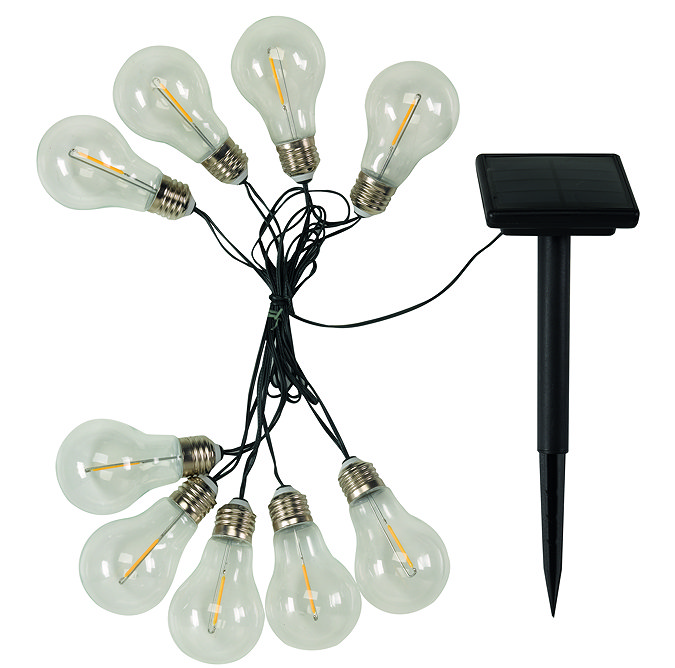 image cut out on white background of 10 retro light bulbs and stake