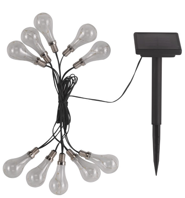 image cut out on white background of set of 10 string lightbulbs wrapped up and with solar stake