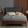 front on image of rectangular bed with walnut wood frame and grey boucle headboard