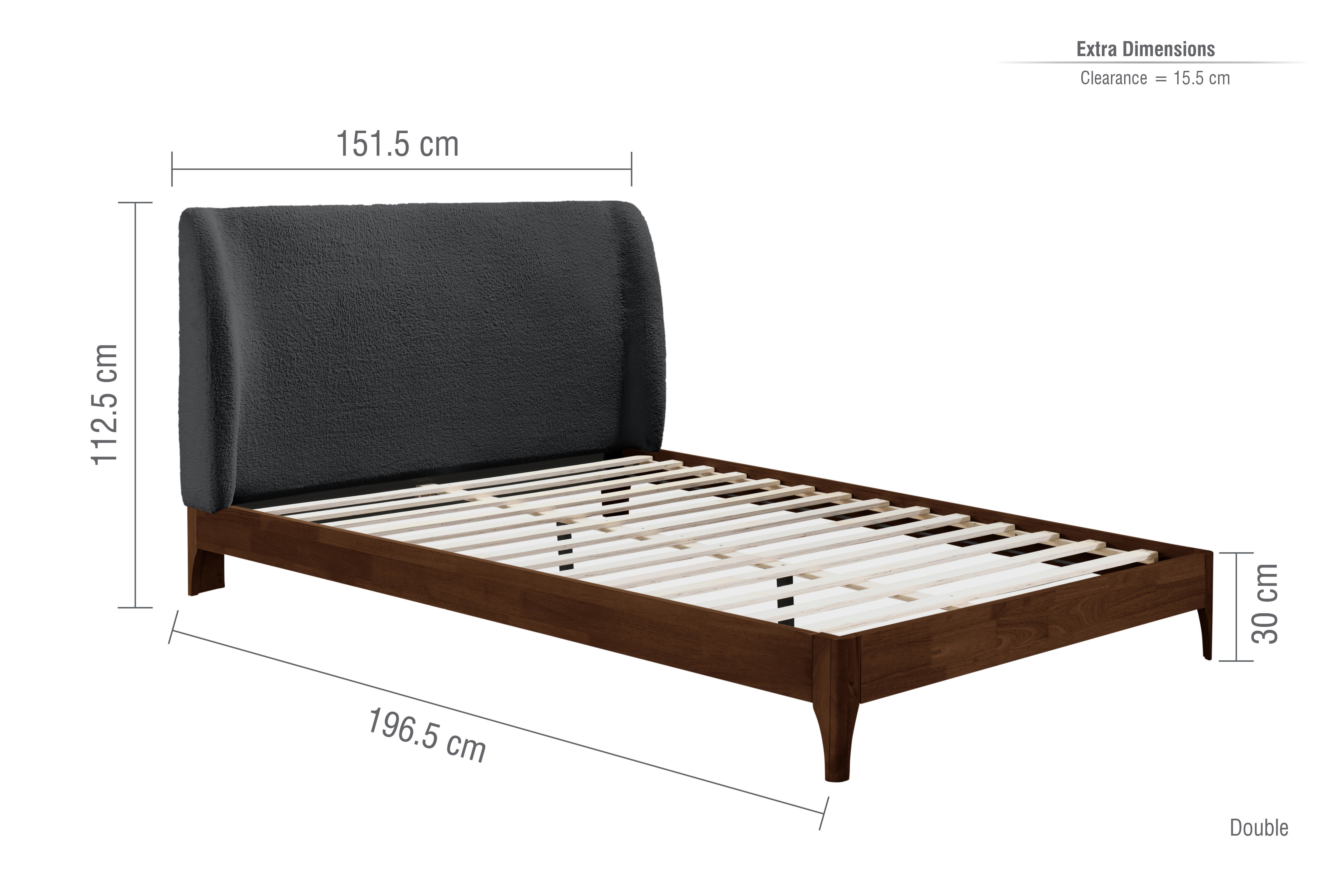 image of walnut rectangular slatted bedframe, with lines indicating dimensions: 196.5x151.5x112.5cm.