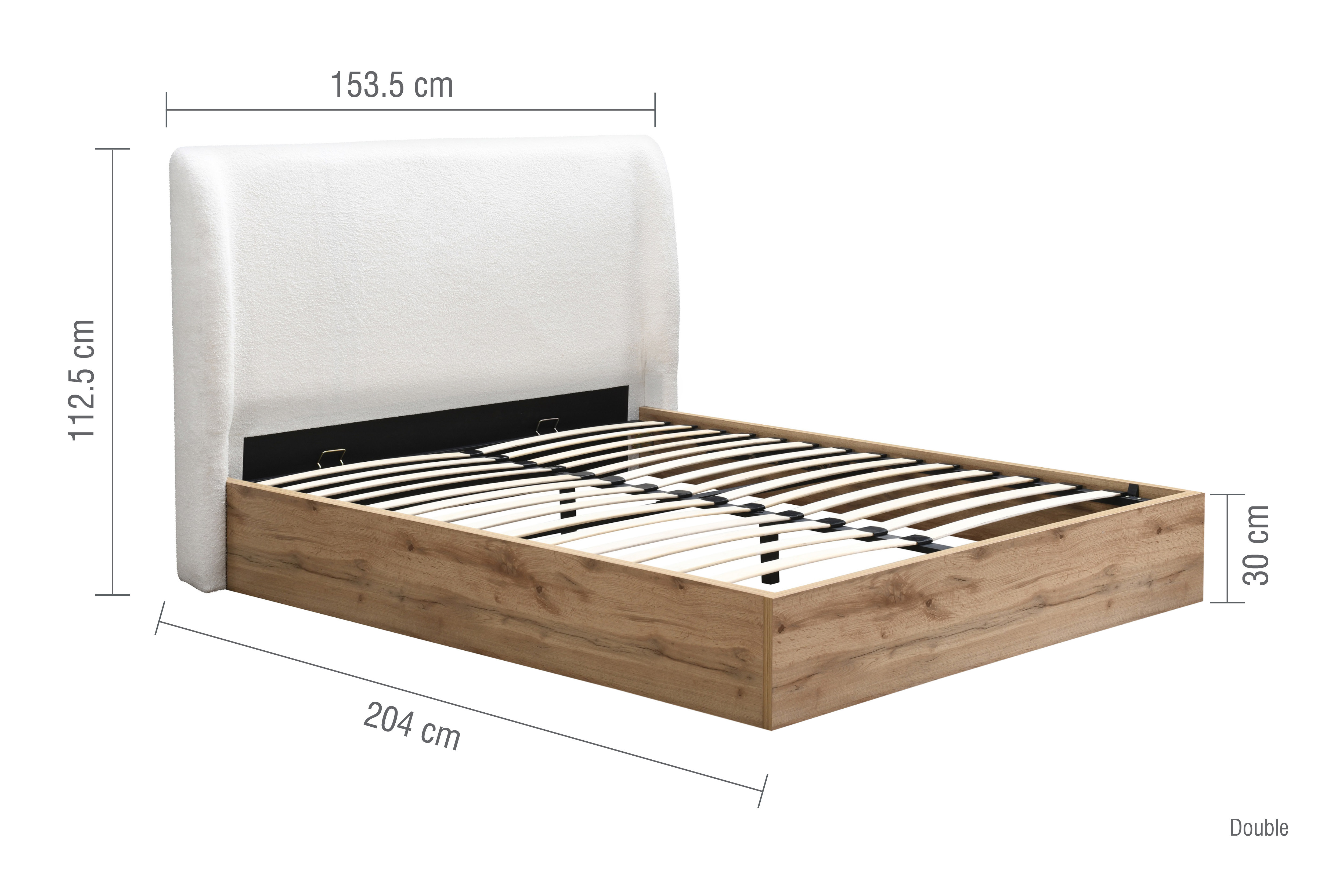 image of ottoman bed without mattress, cut out on white background with lines indicating dimensions 204x153.5x112.5cm